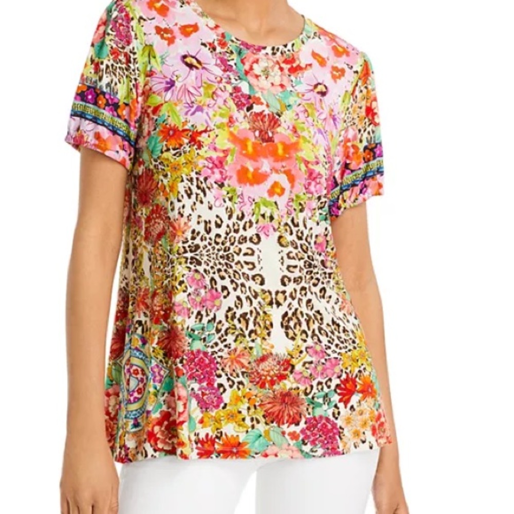 Johnny Was Wild Garden Puff Sleeve Floral Knit Flower Tee Shirt Top Red Pink